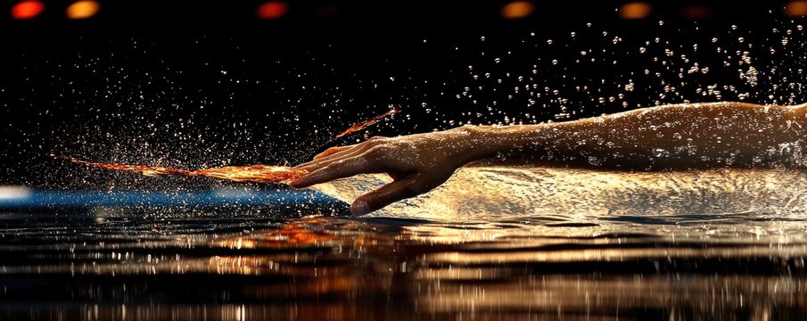 A swimmer's hand splashes through water, capturing motion and intensity in a competitive setting.