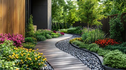 Obraz premium Serene garden path with vibrant flowers and greenery.