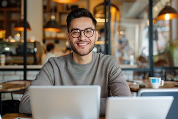 Fototapeta premium A smiling man with glasses works on two laptops in a cozy cafe setting, showcasing a blend of productivity and relaxed ambiance.