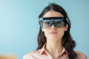A woman wears innovative smart glasses, showcasing modern technology and a stylish appearance against a soft blue background.
