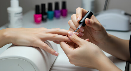 A nail technician carefully applies polish on a client's nails in a professional manicure setup.