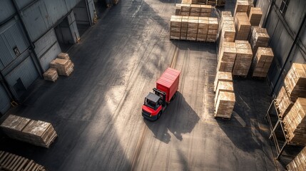 Industrial loading dock scene, forklifts efficiently moving goods, bustling environment, organized logistics, teamwork in action