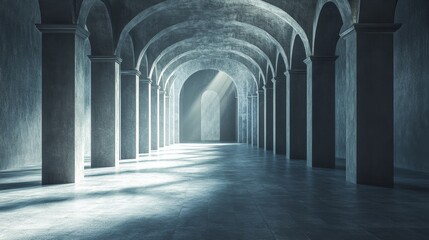 Obraz premium Sunbeams illuminate a long, arched hallway with stone columns and a concrete floor.