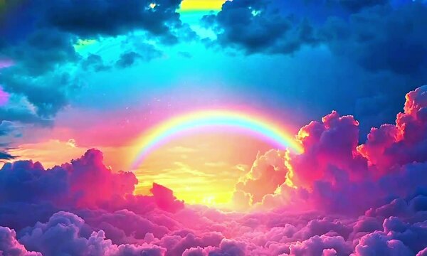 Majestic rainbow arching over vibrant pink and blue clouds at sunset, showcasing breathtaking natural beauty, serene skies, and the colorful charm of a celestial phenomenon in dramatic atmospheric det