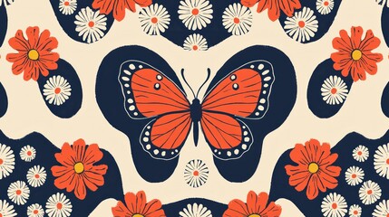 Vibrant Butterfly and Floral Pattern: A Retro Delight