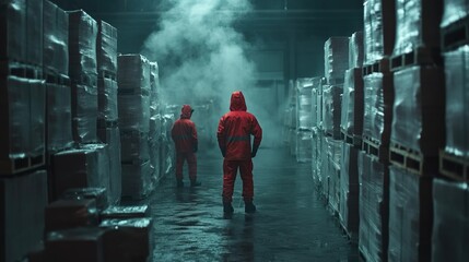 Warehouse employees in safety gear managing inventory, focused teamwork, organized environment, efficient operations, commitment to safety