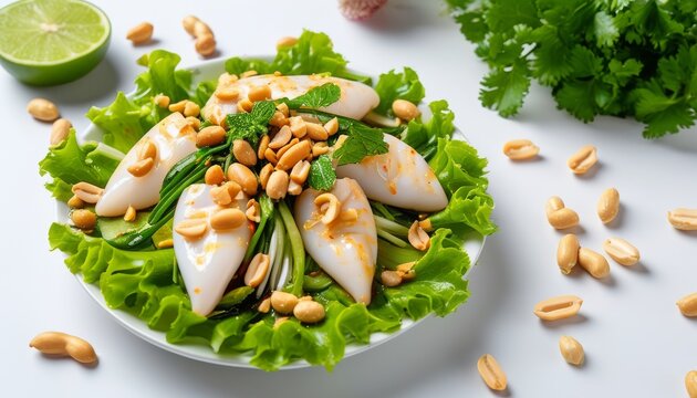 Fresh Muc Squid Salad with Peanuts, Lime, and Cilantro Garnish for Healthy Lifestyle
