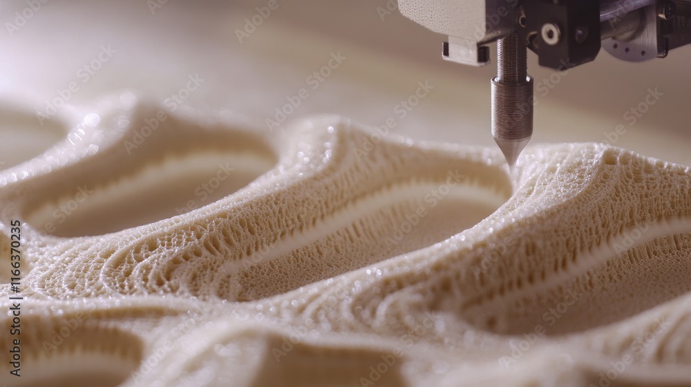 Poster close-up of 3d printer nozzle depositing material, creating a complex textured surface.