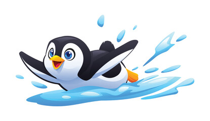 Playful penguin splashing through snow with excitement. Vector cartoon character illustration