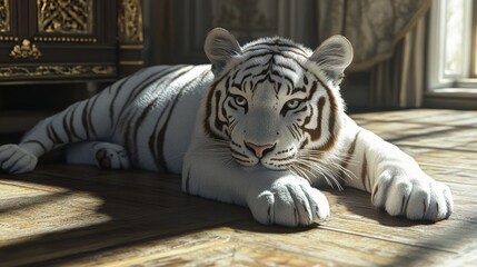 A majestic white tiger resting peacefully on a wooden floor