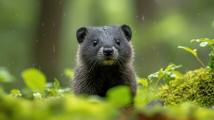 Fototapeta premium Adorable Japanese Wolverine in the Rain