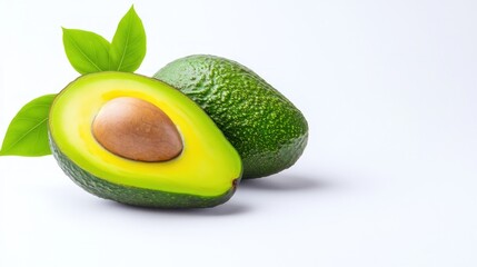 Two avocados, one sliced open, showcasing its seed and vibrant flesh.