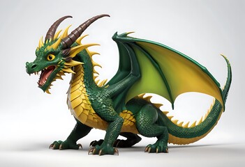 Fototapeta premium Cute Cartoon Dragon in Green and Gold with White Background. Generative AI