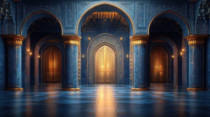 Naklejka premium Majestic Arabian Palace Interior: A Golden Doorway to Mystery
