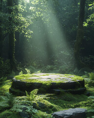 Forest Podium Sunbeam, Mossy rock podium in a sunlit forest clearing, mystical and enchanting.