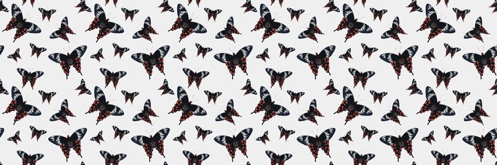 Seamless pattern of different butterfly. Hand-drawn vector insects, isolated on beige background. Spring season concept, Easter, nature.