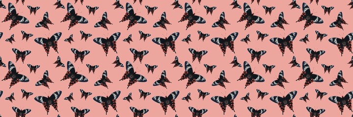 Seamless pattern of different butterfly. Hand-drawn vector insects, isolated on beige background. Spring season concept, Easter, nature.
