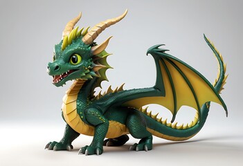 Fototapeta premium Cute Cartoon Dragon in Green and Gold with White Background. Generative AI