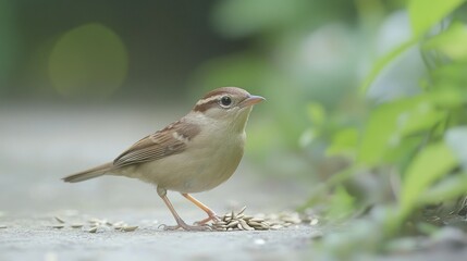 A small bird forages on the ground amidst scattered seeds and greenery.