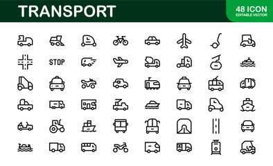 Comprehensive Transport Icon Pack. Editable, Minimalist Line Icons for Shipping, Logistics, Public Transport, and Travel Projects.