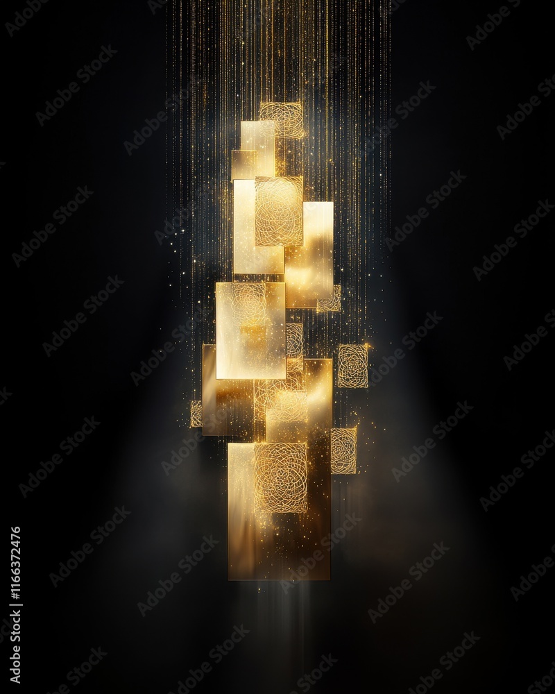 Poster golden fractal patterns cascading through space abstract art digital art dark environment dynamic vi