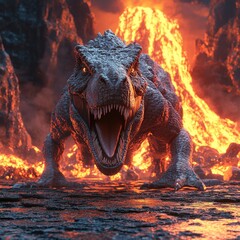 A fierce dinosaur roars in front of a volcanic landscape, showcasing a dramatic scene.