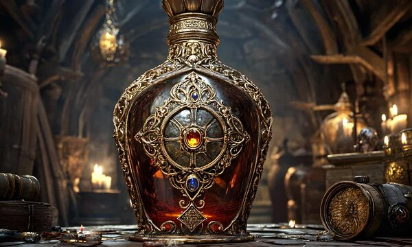 Ornate potion bottle with jewels, set in a dimly lit, mystical environment.