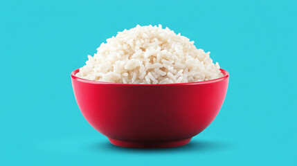 minimalist food photography: cooked plain white rice in red ceramic bowl on teal background