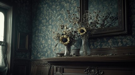 A vintage setting with dried sunflowers in vases on a mantel against floral wallpaper.