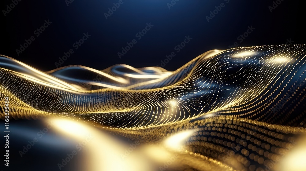 Poster shimmering golden web spreading across abstract waves digital art dark background futuristic concept