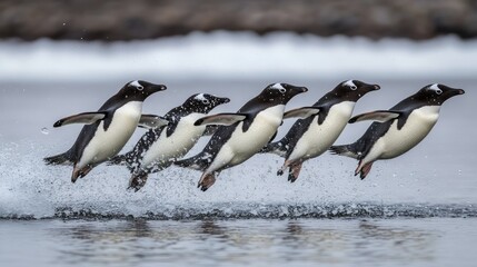 Fototapeta premium A sequence of penguins leaping out of the water, showcasing their agility and grace.