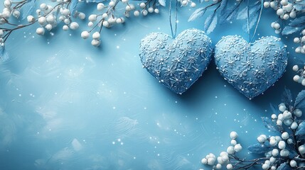 Obraz premium Blue decorative hearts with winter foliage.