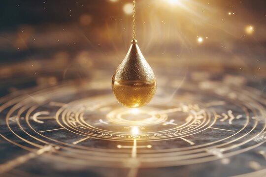 Astrology event golden pendulum swinging over intricate zodiac circle mystic atmosphere spiritual insights