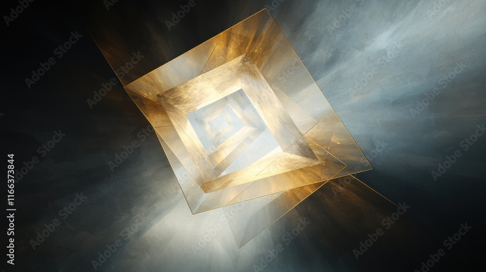 Poster golden geometric shapes layered symmetrically in a mystical atmosphere artistic visuals abstract des
