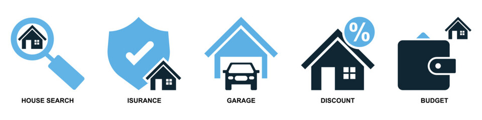 Real estate property, house residential building architecture. Containing insurance, vehicle garage and buy budget vector glyphs pictogram sign icon symbol ui and ux design