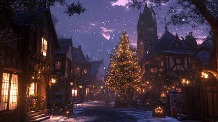 Obraz premium Charming European village during Christmas with glowing streetlights and a decorated tree in the center 