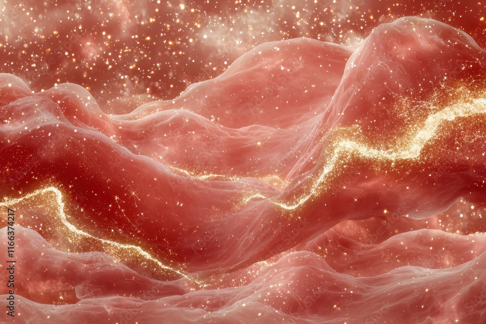 Poster dynamic waves of red mist celestial landscape abstract visuals enigmatic space surreal viewpoint hor