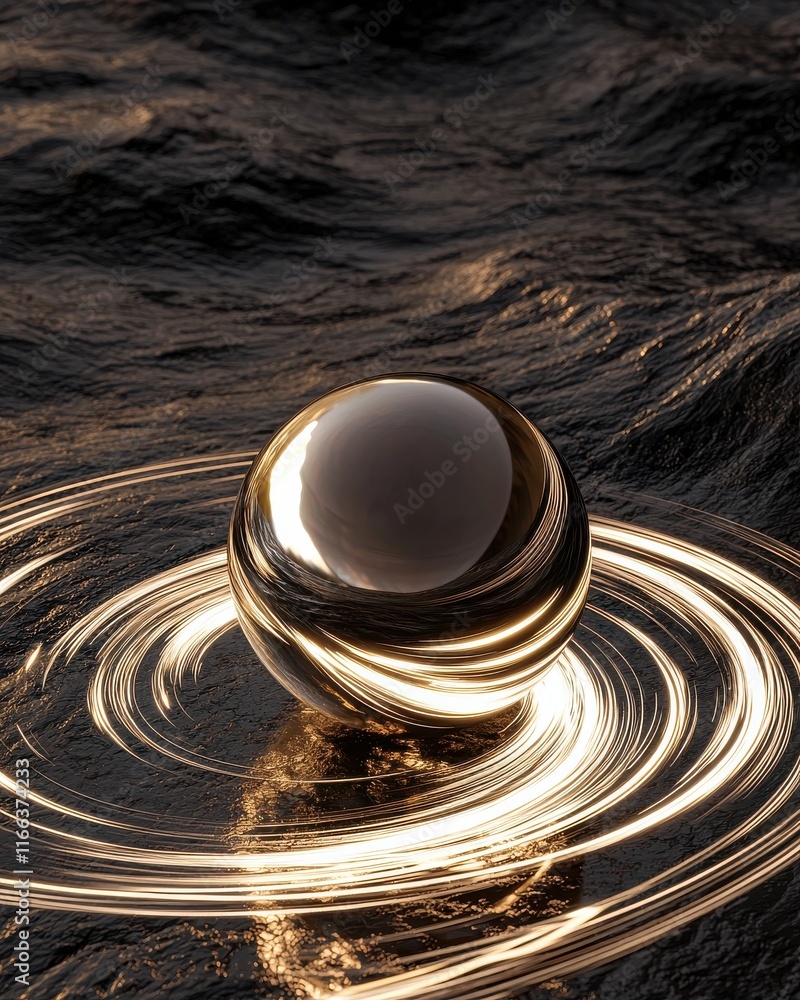 Poster reflective metallic sphere creating patterns water surface digital art calm environment close-up vie