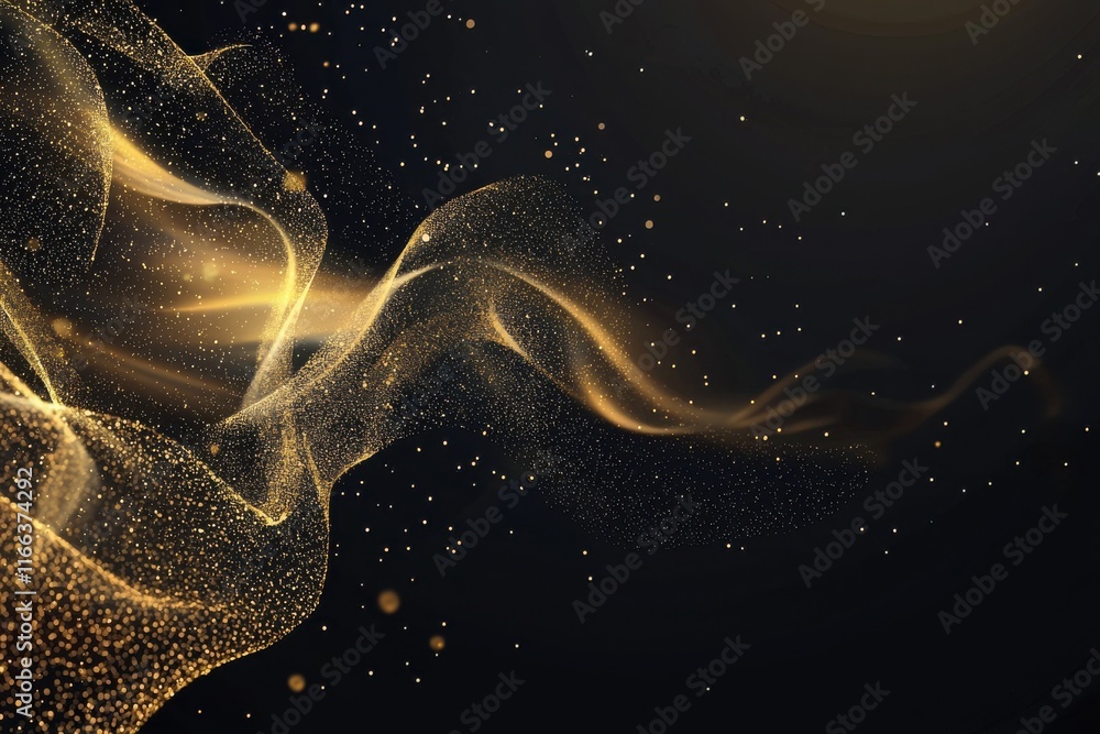 Poster golden abstract patterns and particles digital art creative design dark background ethereal viewpoin
