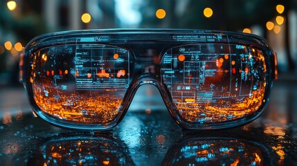 Futuristic glasses reflecting digital data.