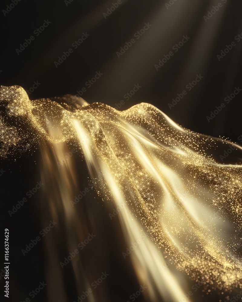 Poster cascading golden fractal patterns abstract art digital creation dark environment close-up view spiri