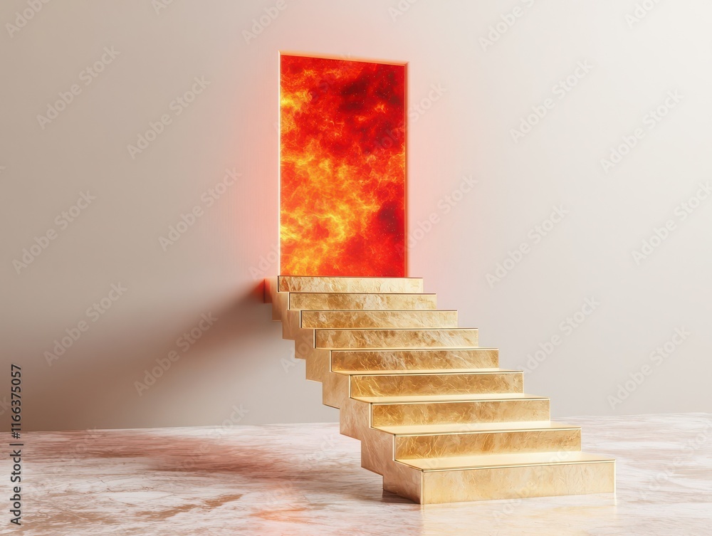 Poster golden floating staircase leading to fiery portal abstract space digital art surreal environment cap
