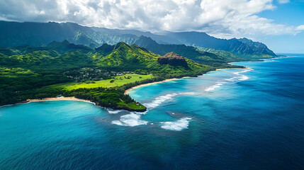 Obraz premium Drone shot capturing a lush green island with sandy beaches, surrounded by endless blue ocean 