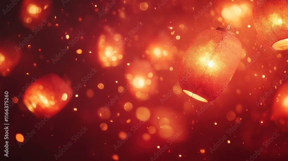 Poster glowing red lanterns float in a dark night sky with bokeh effect.