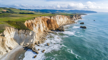 Drone shot of dramatic ocean cliffs with waves crashing below and endless horizon views 