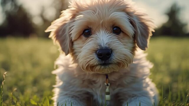heartwarming scene little puppy dog standing field sky backdrop offering free space adding text messaging