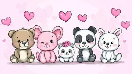 Obraz premium cute cartoon animals illustration with pink hearts featuring adorable baby panda teddy bear and bunny in kawaii style perfect for valentine's day cards or children's book art