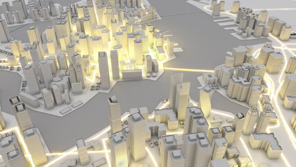 Rendering of high-rise buildings in the city's business district, roads and rivers. ,Office buildings and tall structures can be seen in the business ,3D rendering.