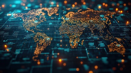Digital map of the world with glowing data points.