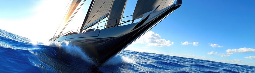 Fototapeta premium A sleek sailboat cutting through vibrant blue ocean waters under a bright sky.